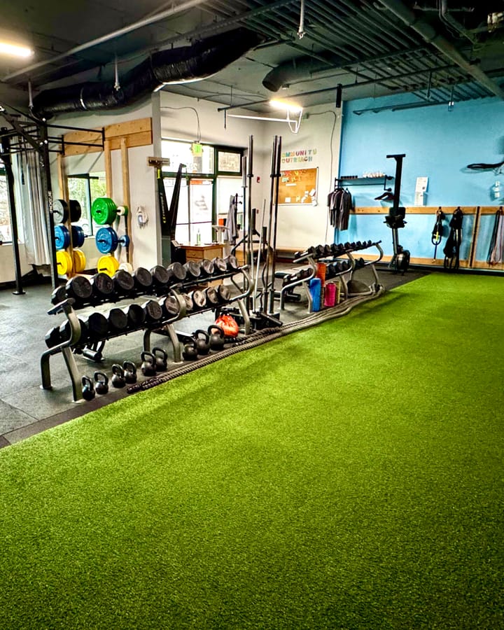 The Eastlake Performance training floor: turf, squat racks and dumbbells, with daylight from the street windows.